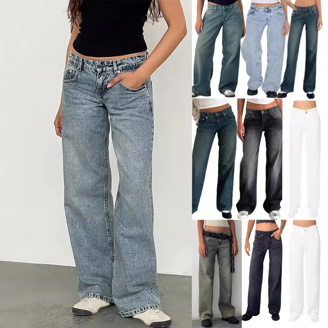 Jean à jambes droites pour femmes, haute qualité, quatre saisons, nouvelle mode, ample, taille basse, jambes larges, décontracté, sans élastique