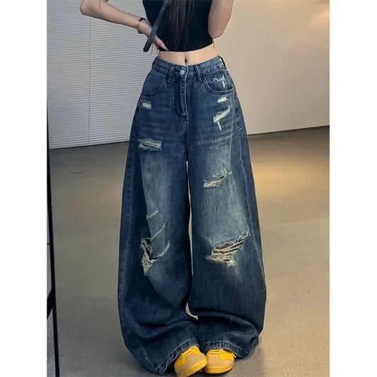 Jean en Denim délavé rétro américain pour femmes, Design ample, jambes larges, bleu noirci, Style Hip Hop