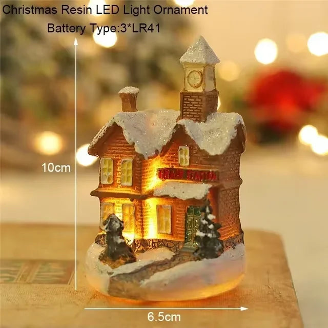 Maison LED de noël, aiguilles de pin, bonhomme de neige de noël, décoration lumineuse en résine, boutique de père noël, Micro ornements de paysage