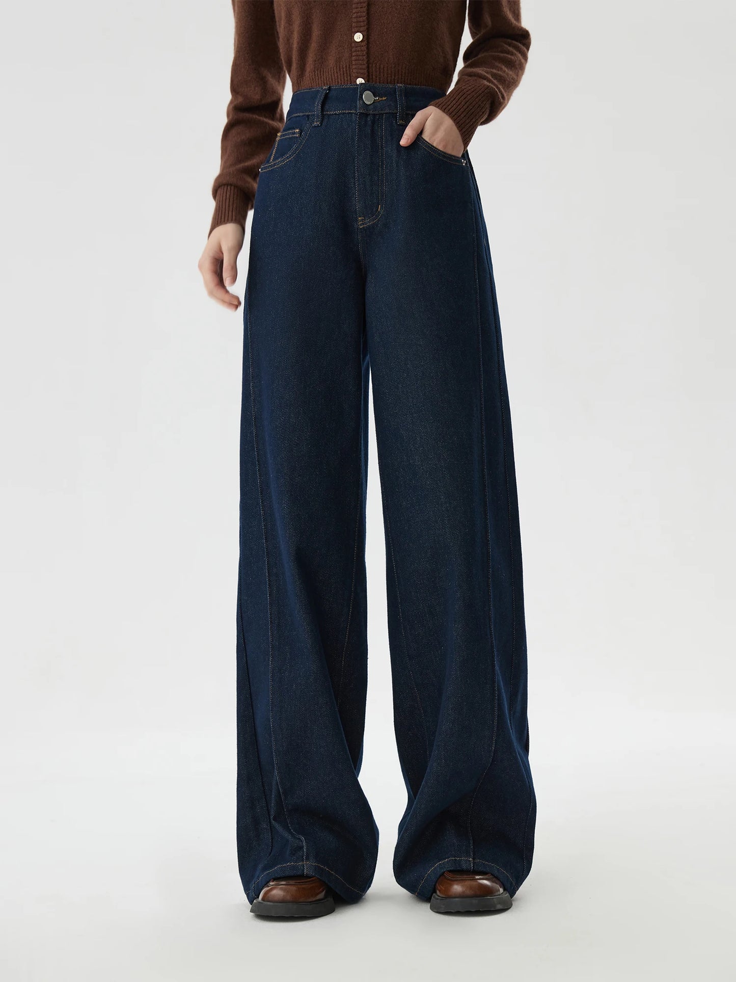 FSLE 2025 nouveauté femmes jean taille haute coton jambe large pantalon Denim foncé bleu ample longueur de plancher femme jean Streetwear