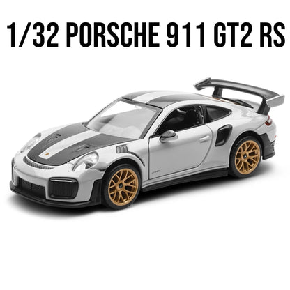 Modèle de voiture jouet Porsche 911 GT2 RS Carrera, course en métal moulé sous pression, Miniature, son et lumière, Collection cadeau pour garçons, 1/32