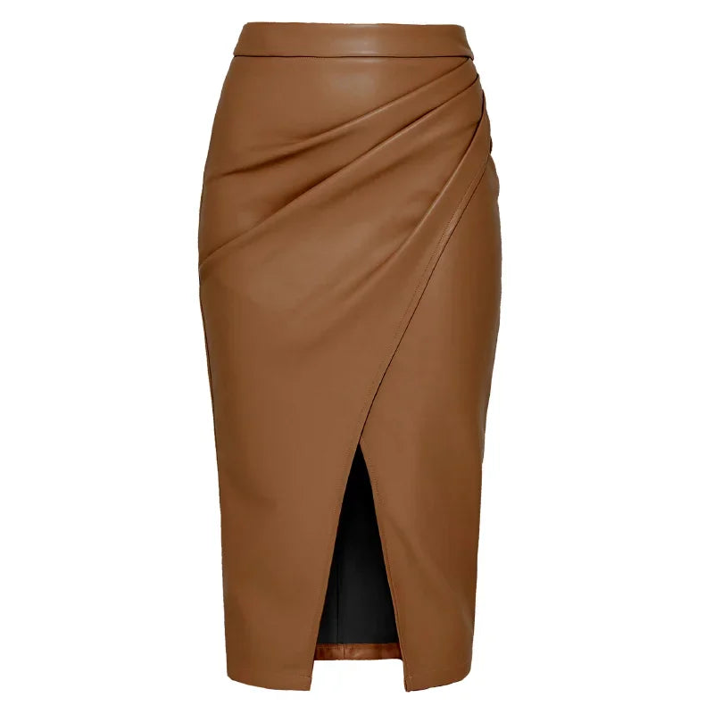 Jupe mi-longue en cuir PU pour femme, taille haute, fermeture éclair élégante, jupes fendues sur le devant, faux cuir noir, jupe pliée pour femme, automne