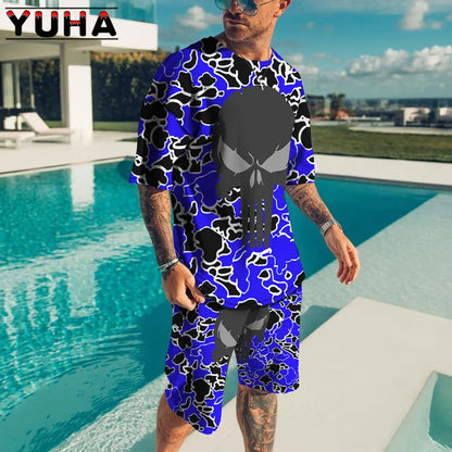 YUHA – ensemble t-shirt manches courtes pour hommes, vêtements d'été pour hommes, impression de squelette Terrible en 3D, Short décontracté, survêtement masculin 2 pièces, nouvelle collection