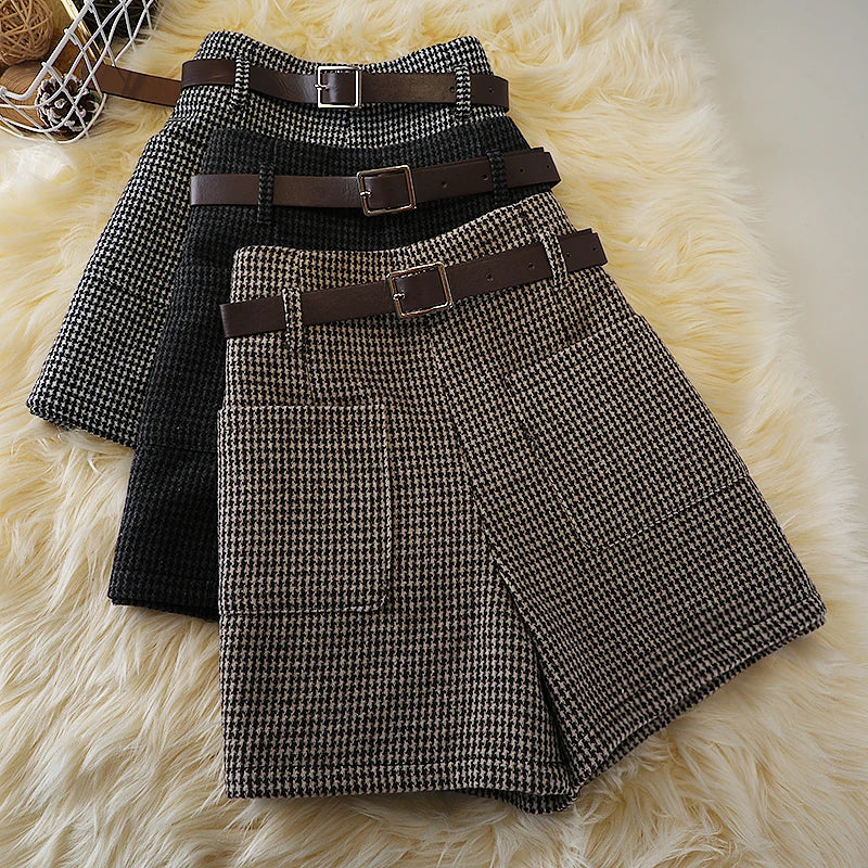 Short en laine pied-de-poule pour femme, bottes slim rétro taille haute, grande taille, avec poches en laine, jambes larges, nouvelle collection automne et hiver