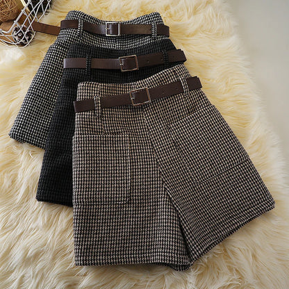Short en laine pied-de-poule pour femme, bottes slim rétro taille haute, grande taille, avec poches en laine, jambes larges, nouvelle collection automne et hiver