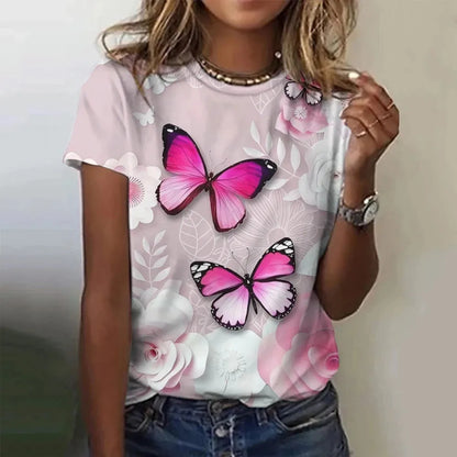 T-shirt manches courtes col rond femme, estival et surdimensionné, avec motif Floral et fleur papillon imprimé en 3D, Y2k, Harajuku, vêtements féminins, nouvelle collection