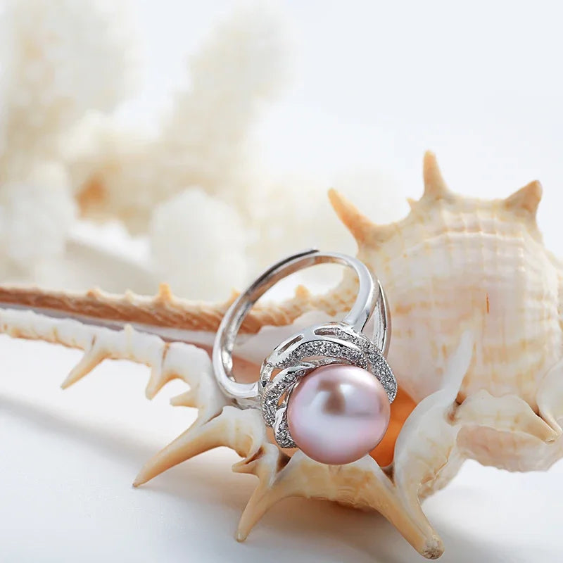 Bague en argent sterling 925 pour femme, grande perle naturelle, anneau en pierre réglable, perle blanche/rose/violette,