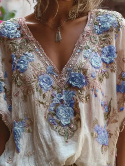 T-shirt à manches courtes pour les déplacements, ample, décontracté, col en v, Jacquard, chemisier à la mode, dentelle brodée, pulls floraux, été