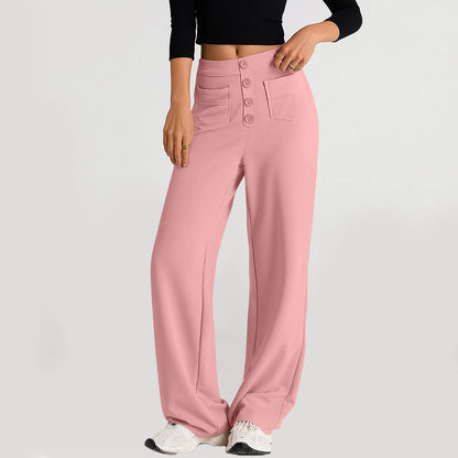 Pantalon à jambes droites pour femmes, classique, Simple, solide, taille haute, mode, poches à boutons, taille élastique, décontracté, nouvelle collection