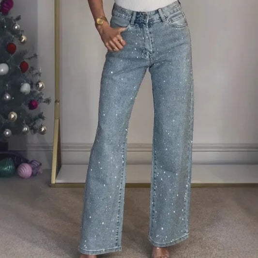 Jean droit pour femmes diamants pantalon Stretch taille haute lavé poches en détresse Vintage Denims Streetwear femme pantalon