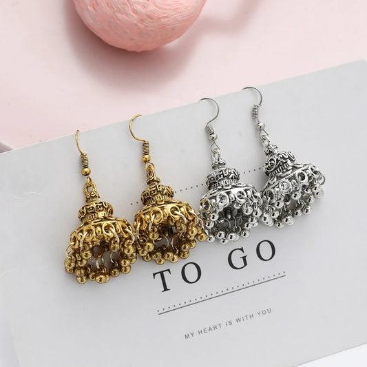 Jhumka – boucles d'oreilles tibétaines pour femmes, bijoux en alliage, couleur or argent, cloche oxydée, tribal gitane, pampilles, bijoux indiens