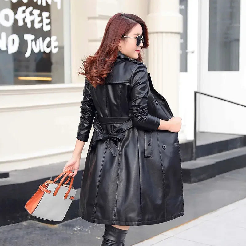 Veste en cuir d'agneau composé pour femme, manteau en fausse fourrure, trench long, lavage gratuit, vêtements en PU, Streetwear, Top, 138