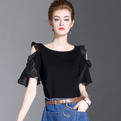 Nouveau Chemise d'été chemisier en mousseline de soie noir femmes élégantes haut de gamme ajouré manches à volants