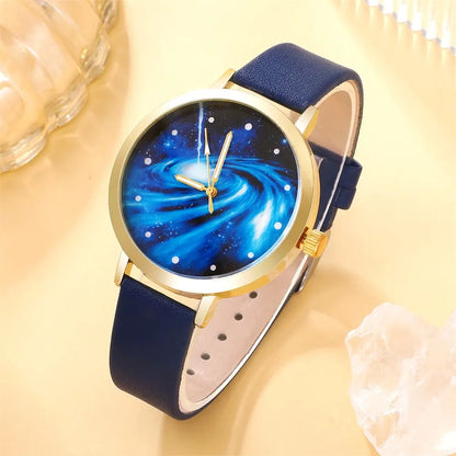 Montre à cadran ciel étoilé pour femme, design de marque, horloge, bracelet en cuir bleu, ensemble de 5 pièces