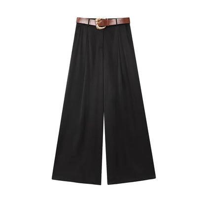 TRZA taille haute pantalon à jambes larges pour femmes mode ceinture avant fléchettes poches latérales pantalon femme