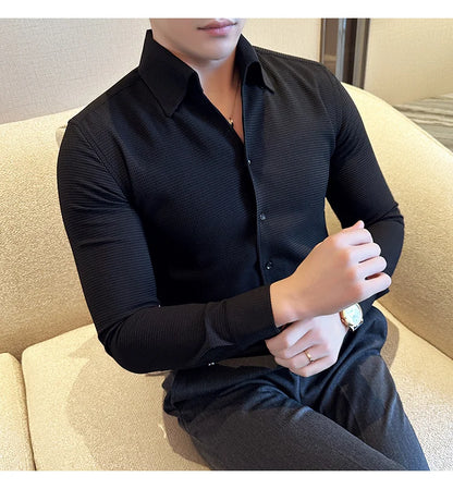 Chemise gaufrée à manches longues pour hommes, coupe couvertes, col en V, monochromatique, affaires décontractées, robe formelle, fête sociale, streetwear, 4XL, automne