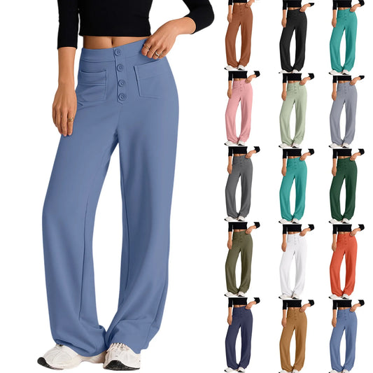 Pantalon à jambes droites pour femmes, classique, Simple, solide, taille haute, mode, poches à boutons, taille élastique, décontracté, nouvelle collection