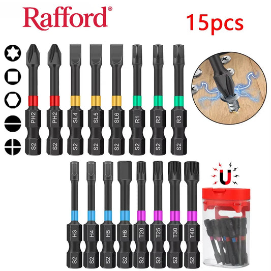 Rafford15PCS lot magnétique tête Impact tournevis électrique jeu d'embouts étui magnétique 5 Types S2 tête embout anti-dérapant étanche embouts