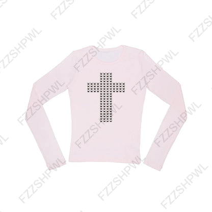 Y2K gothique esthétique femmes col incliné à manches longues T-Shirt Sexy mince Chic haut court Harajuku Rock Punk Hip Hop Hottie Streetwear