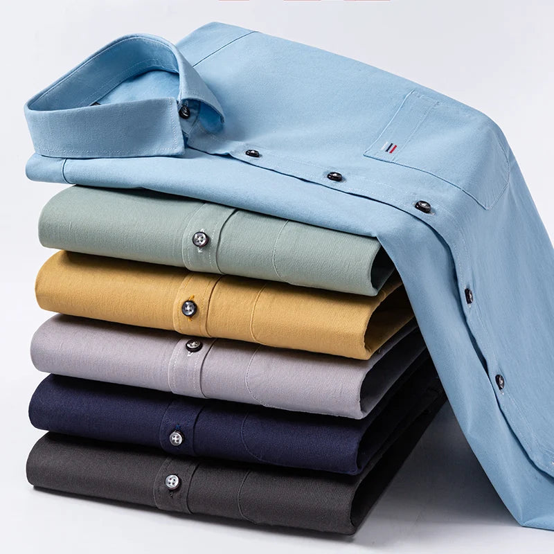 Nouveau 100% pur coton hommes chemises manches longues couleur unie doux coupe régulière chemise décontractée poche Social Blouse hommes vêtements S-7XL
