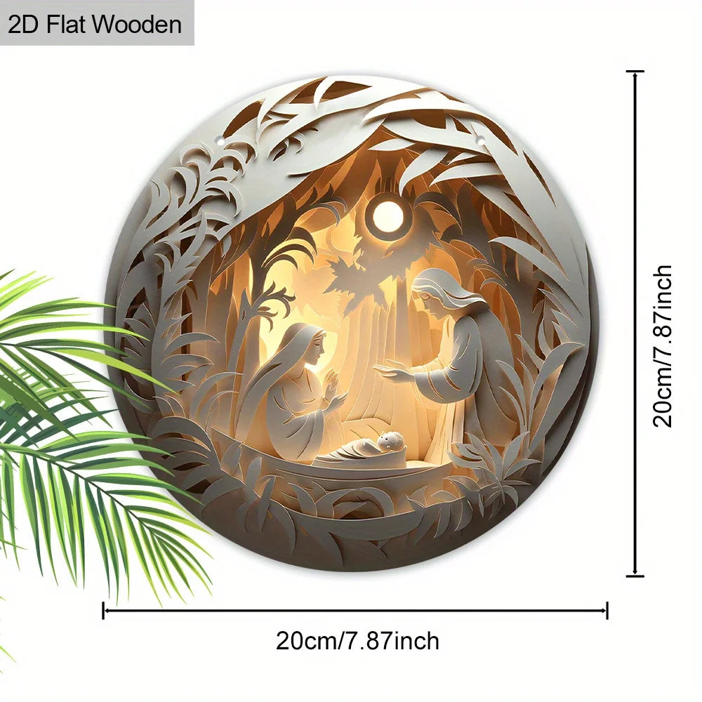 2D flat 1 Christian Christmas "Christmas Eve" circular wooden wall decoration, paper-cut effect pattern, festival decoration