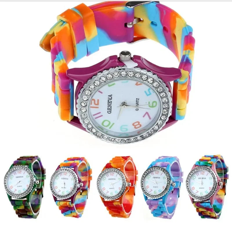 Montres de luxe pour femmes, arc-en-ciel, diamant, quartz, silicone, étanche,