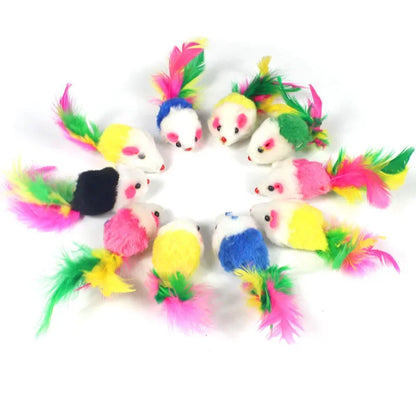 Fausse souris en fourrure de lapin, plume arc-en-ciel, jouets amusants pour chaton
