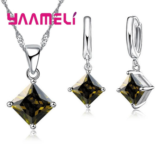 Ensembles de bijoux en argent regardé 925 pour femmes, boucles d'oreilles carrées à géométrie simple, collier en cristal,