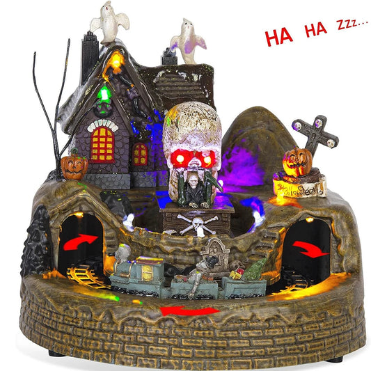 Décor de train de village de vacances d'Halloween avec lumières LED, figurines de fantômes et de squelette effrayants, décoration festive de maison hantée