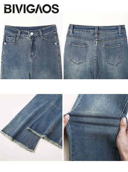 BIVIGAOS 2025 nouveau automne printemps Micro jean évasé femmes taille haute mince serré rétro gland ourlet Stretch Denim fer à cheval pantalon
