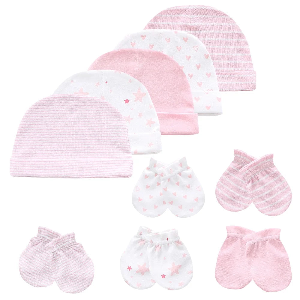 Kiddien'aime-Ensemble bonnet et gants pour nouveau-né, accessoires de vêtements pour bébé garçon, bonnets 100% coton, chapeau d'hôpital, mitaines trempées, 0-6M, lot de 10 pièces
