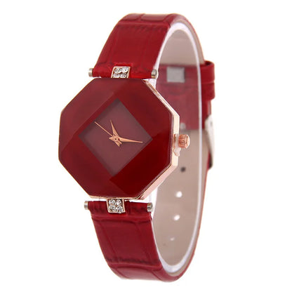 Relogio Femin37- Montre-bracelet à quartz analogique pour femme, bijou géométrique, coupe gemme exquise, bracelet en cuir bleu, à la mode