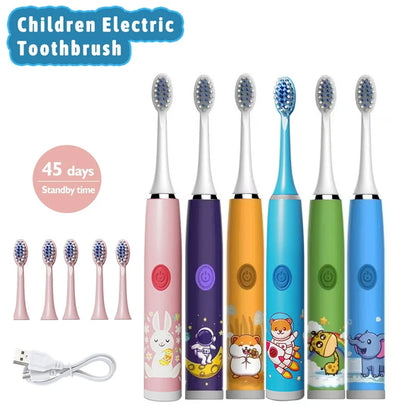 Brosse à dents électrique sonique USB pour enfants, Rechargeable, colorée, dessin animé, automatique, étanche IPX7, avec tête de remplacement