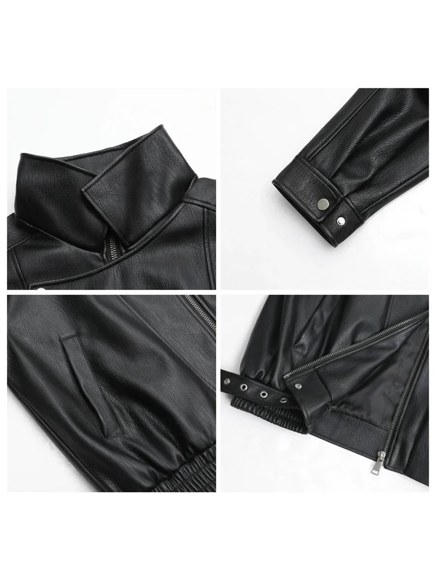 CHIC VEN-Veste en similicuir PU pour femme, col montant rétro, manteau de moto, haut femme, solide, adt, nouveau, printemps, automne, 2024