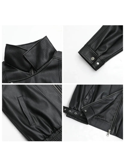 CHIC VEN-Veste en similicuir PU pour femme, col montant rétro, manteau de moto, haut femme, solide, adt, nouveau, printemps, automne, 2024