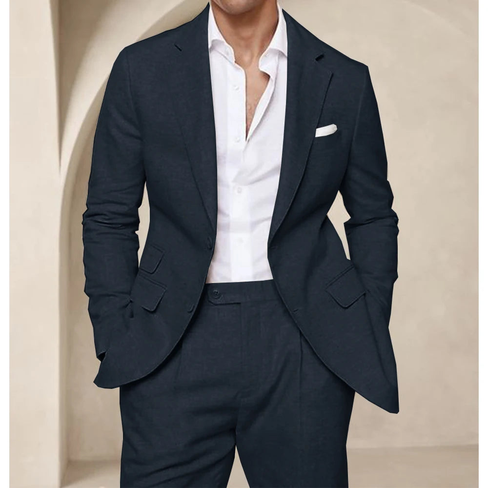 Costume deux pièces en lin pour hommes, Cool, respirant, élégant, mode, Design Slim, robe de mariée, vêtements de travail, confortable, nouveau, été