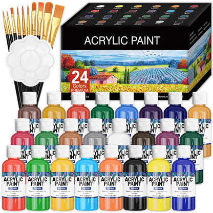 Ensemble de peinture acrylique avec 10 pinceaux, 24 couleurs (60ml, 2 US fl oz), artisanat d'art pour Halloween, citrouille, peinture céramique, Kit de fournitures d'art