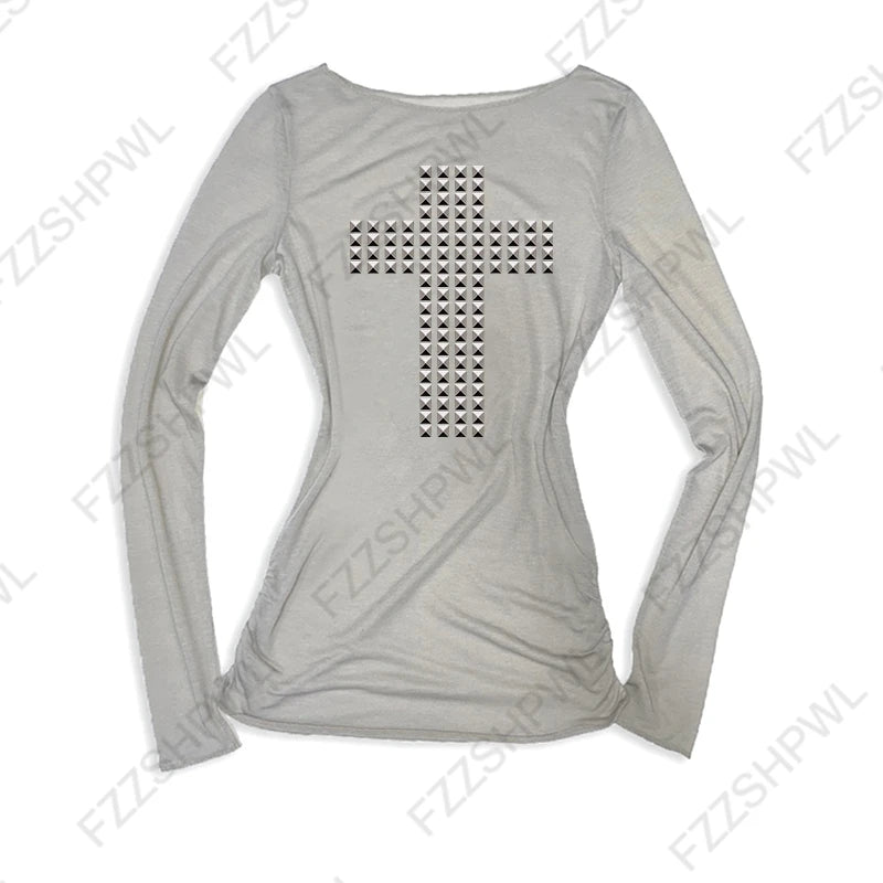 Y2K gothique esthétique femmes col incliné à manches longues T-Shirt Sexy mince Chic haut court Harajuku Rock Punk Hip Hop Hottie Streetwear