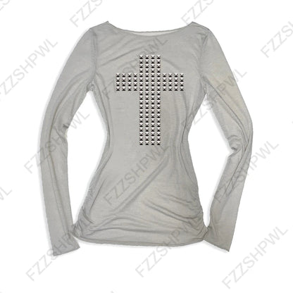 Y2K gothique esthétique femmes col incliné à manches longues T-Shirt Sexy mince Chic haut court Harajuku Rock Punk Hip Hop Hottie Streetwear