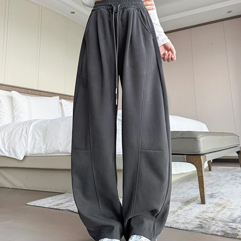 Cordon jambe large pantalons de sport femmes automne hiver doux solide poches pantalons de survêtement femme élastique taille haute pantalon femme