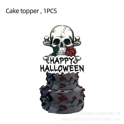 Assiettes de fête gothiques en forme de crâne pour Halloween, tasses, serviettes, corbeau de Rose, décors de fête pour Halloween, squelette, jour des morts, anniversaire