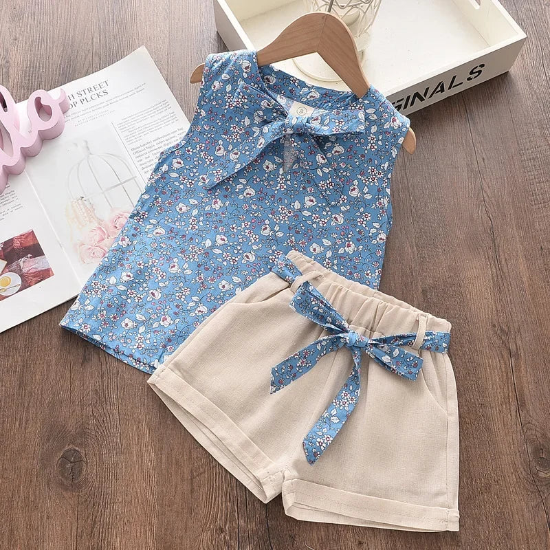 BEAR LEADER-Ensemble de vêtements pour filles, tenue d'été en mousseline de soie, motif floral, col licou + short brodé, en paille, pour enfants, 2023