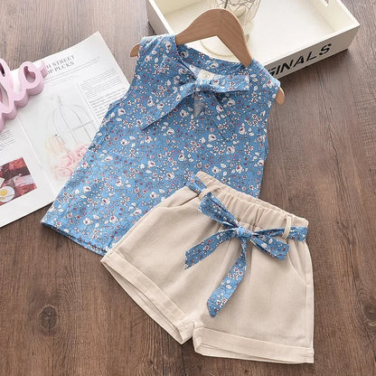 BEAR LEADER-Ensemble de vêtements pour filles, tenue d'été en mousseline de soie, motif floral, col licou + short brodé, en paille, pour enfants, 2023