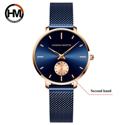 HANNAH MARTIN Top marque femmes montre 1335 synchronisation sous-cadran en acier inoxydable maille mouvement à Quartz or Rose 33mm