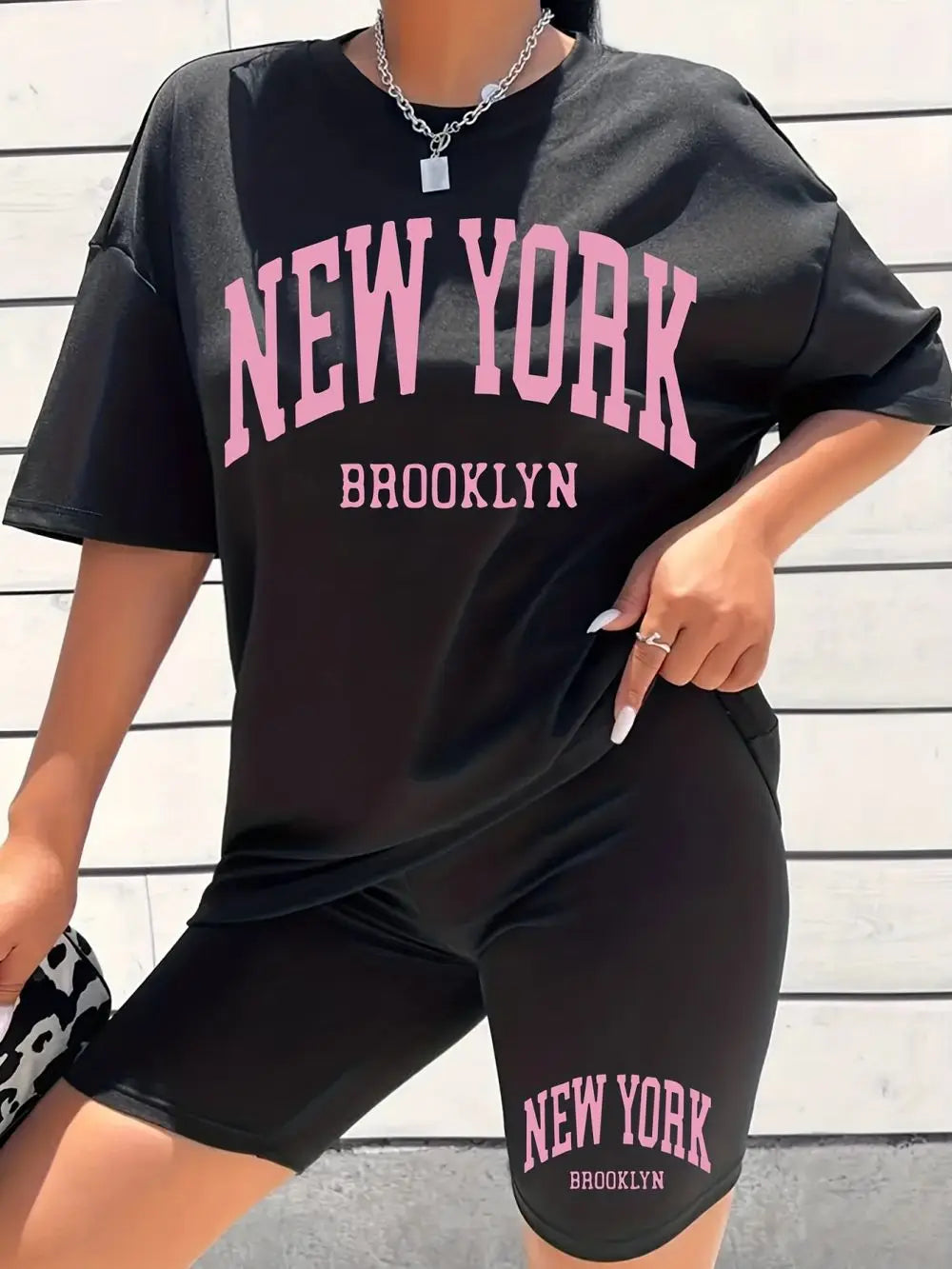 Ensemble deux pièces imprimé lettre New York Brooklyn pour femme, manches courtes, mode décontractée, col rond, vêtements d'été