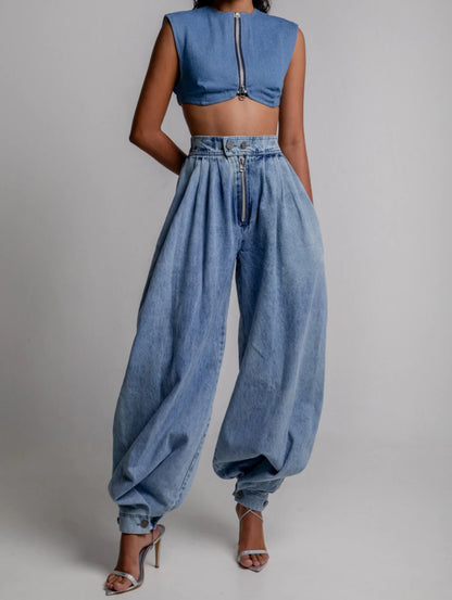 Femmes Cargo jean décontracté taille haute fermeture éclair Denim Bloomers pantalon ample Vintage Streetwear froncé basique jean pantalon 2025