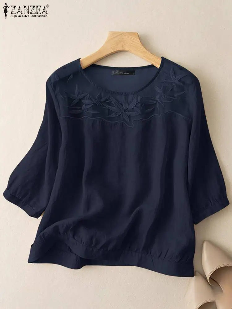 ZANZEA-Chemisier à Manches 3/4 et Col Rond pour Femme, Patchwork en Maille, Décontracté, Broderie Florale, Travail, Été