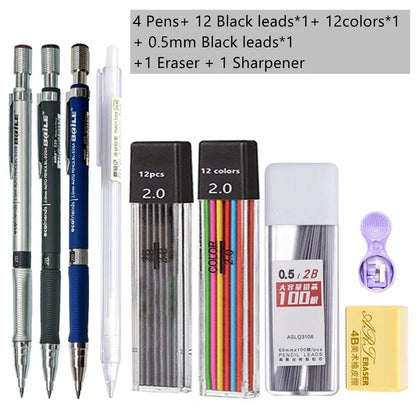 hopk - Ensemble de crayons mécaniques 2.0mm avec recharge de plomb 2B noir/couleurs