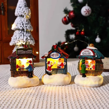 Maison LED de noël, aiguilles de pin, bonhomme de neige de noël, décoration lumineuse en résine, boutique de père noël, Micro ornements de paysage