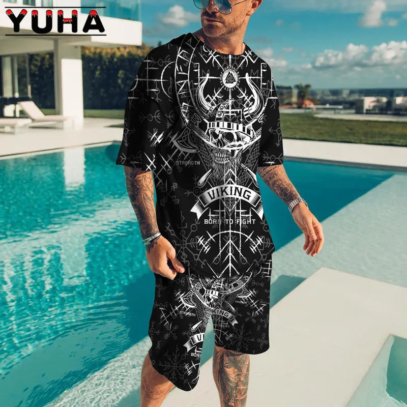 YUHA – ensemble t-shirt manches courtes pour hommes, vêtements d'été pour hommes, impression de squelette Terrible en 3D, Short décontracté, survêtement masculin 2 pièces, nouvelle collection